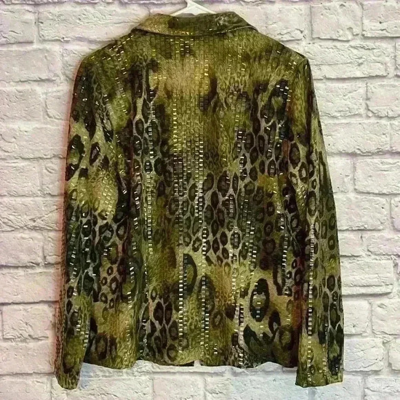 Exclusively Misook Green Leopard Jacket Full Zipper Front Size M - Picture 2 of 7